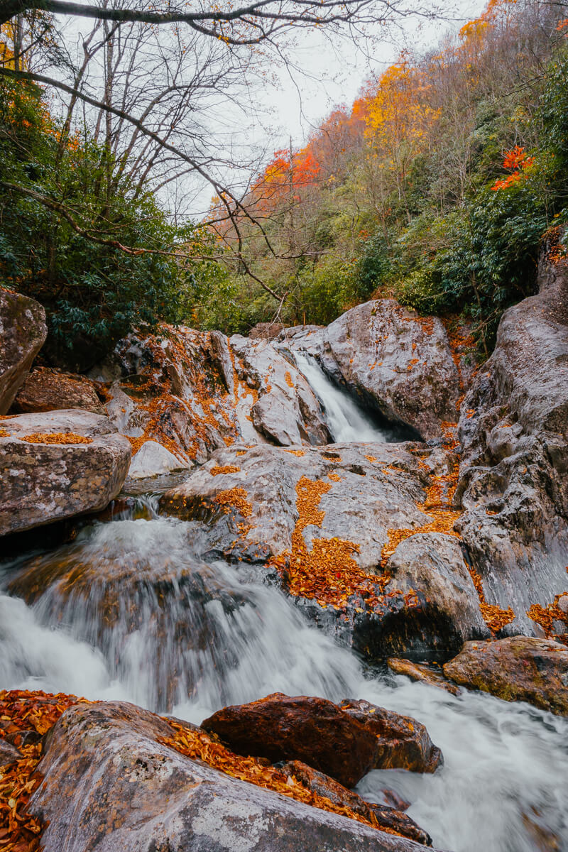 Sunburst Falls in Canton, NC on an overcast autumn day