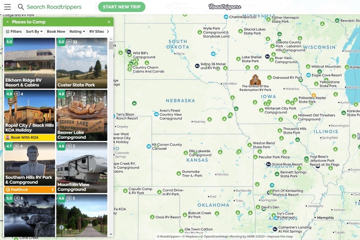 Screenshot of Roadtrippers "Places to Camp" feature