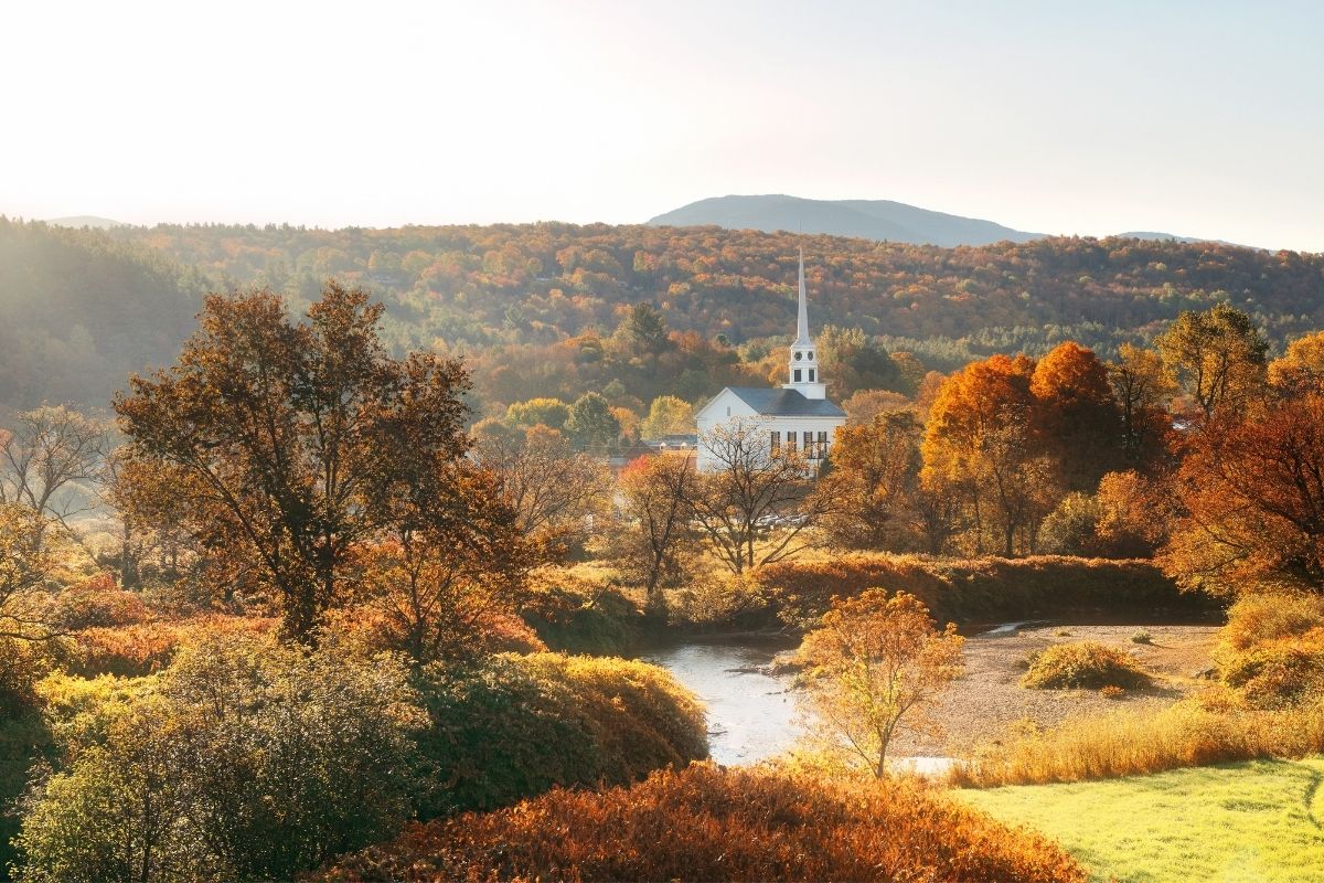 View of Stowe, VT on a sunny autumn afternoon