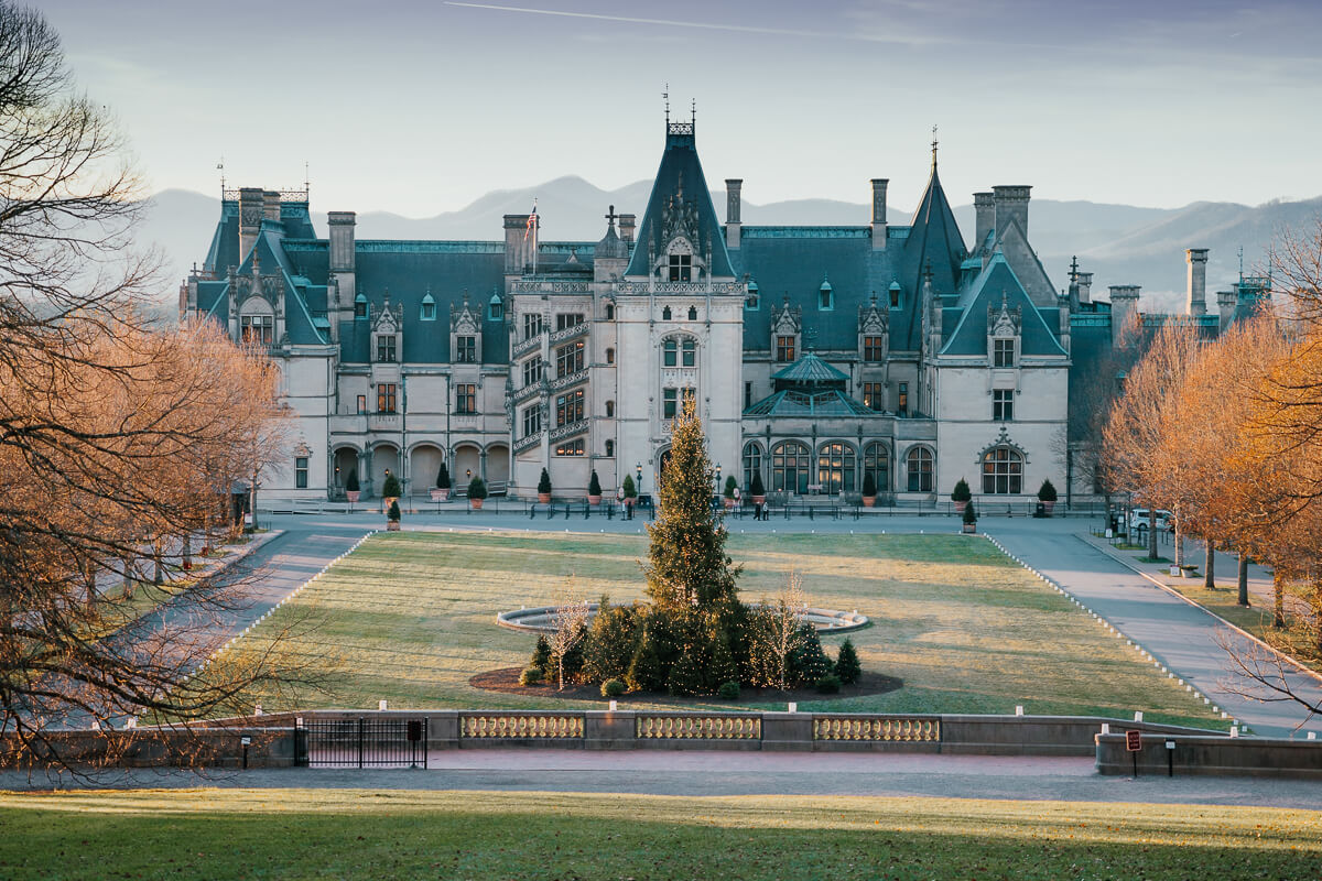Front view of Biltmore House during sunset