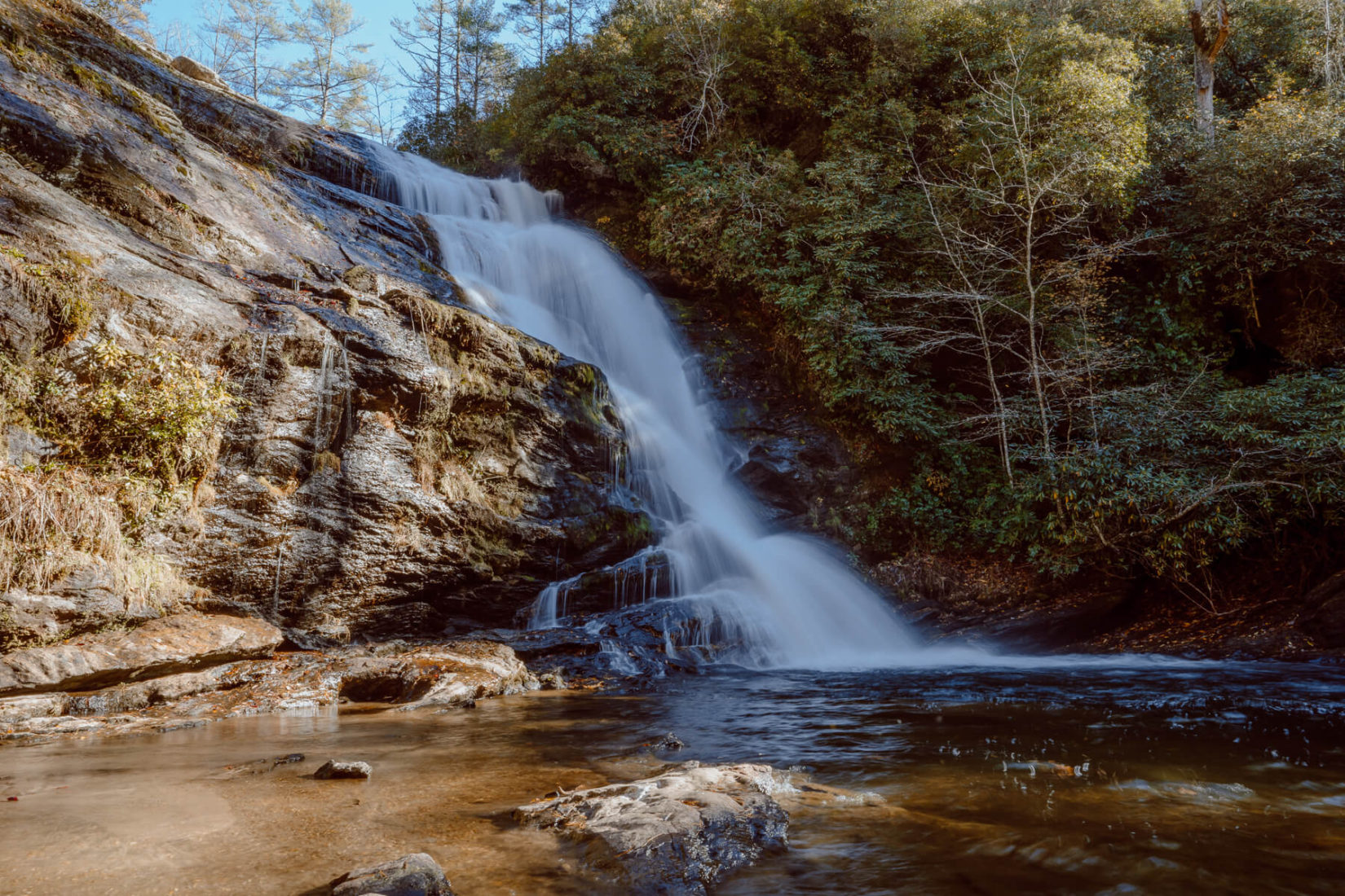 View of the waterfall and swimming hole from the base of Secret Falls 