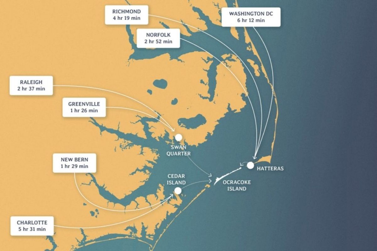 Map of ferry routes to Ocracoke Island