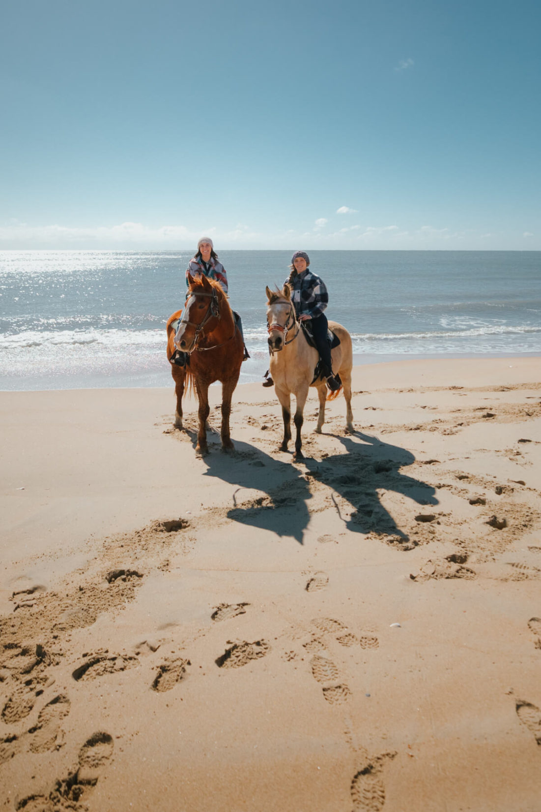 Two women riding horses on the beach